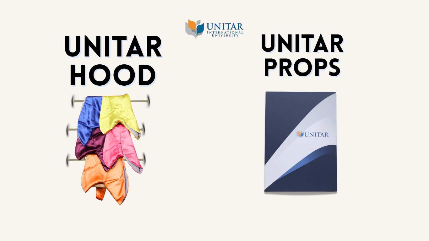 UNITAR graduation robe and props for rent at The Cade & Co Photography Studio
